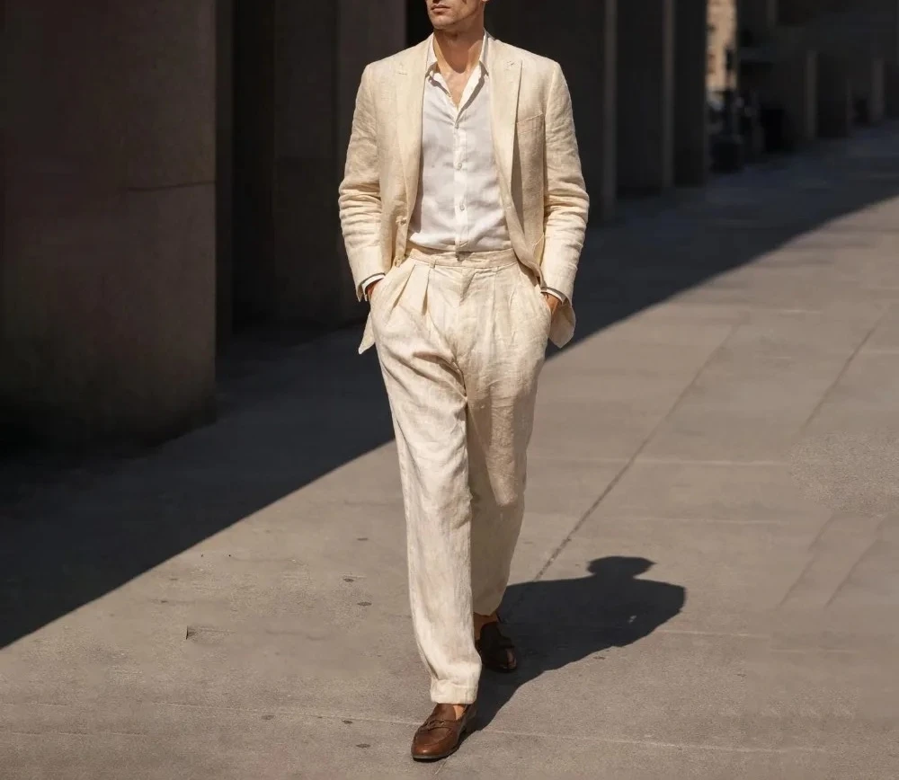 Beige Linen Prom Suits for Men 2 Pieces Wedding Tuxedo Slim Fit Groom Blazer Trousers Set Summer Formal Men Suit Set