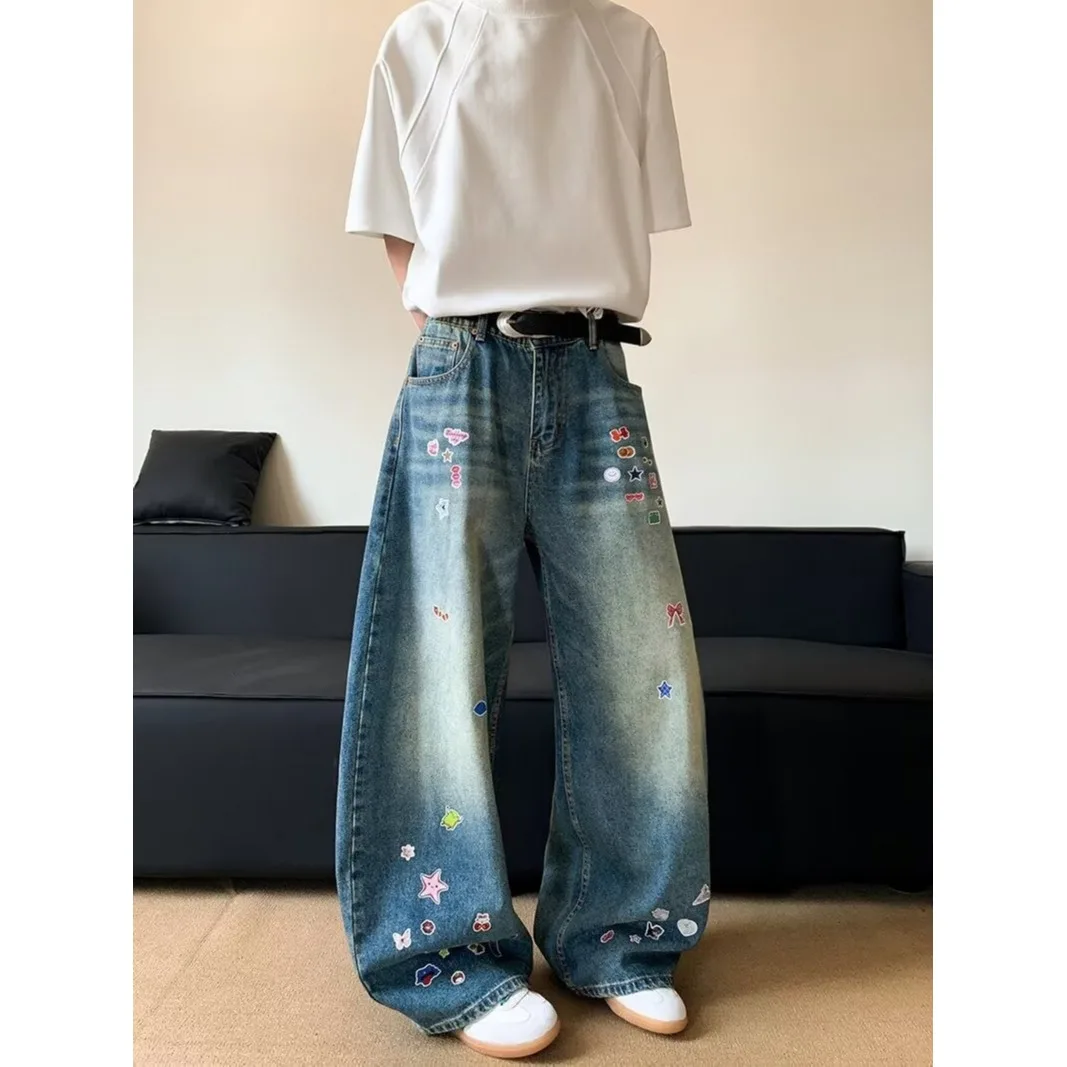 

Широкие джинсы с принтом в стиле ретро, американский мультфильм, свободные повседневные джинсы для мужчин и женщин, модный бренд с водной посадкой