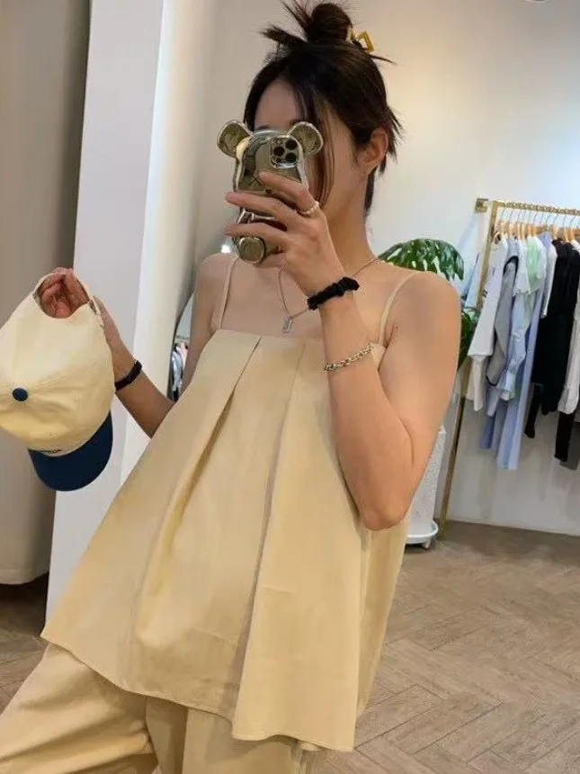 

Ретро сладкий и пряный комплект с ремешками, женский летний новый топ с высокой талией, свободные широкие брюки, комплект из двух предметов