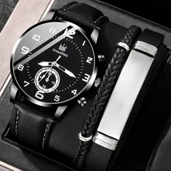 2Pcs Set Fashion Mens Watches Leather Band Quartz Wrist Watch Men Luxury Business Watches Men Minimalist Black Watch