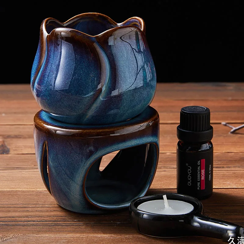 Ceramics Split-type Sandalwood Incense Burner 180ml Essential Oil Stove Tulip Candle Heating Holder with Tray Reed Diffuser Base