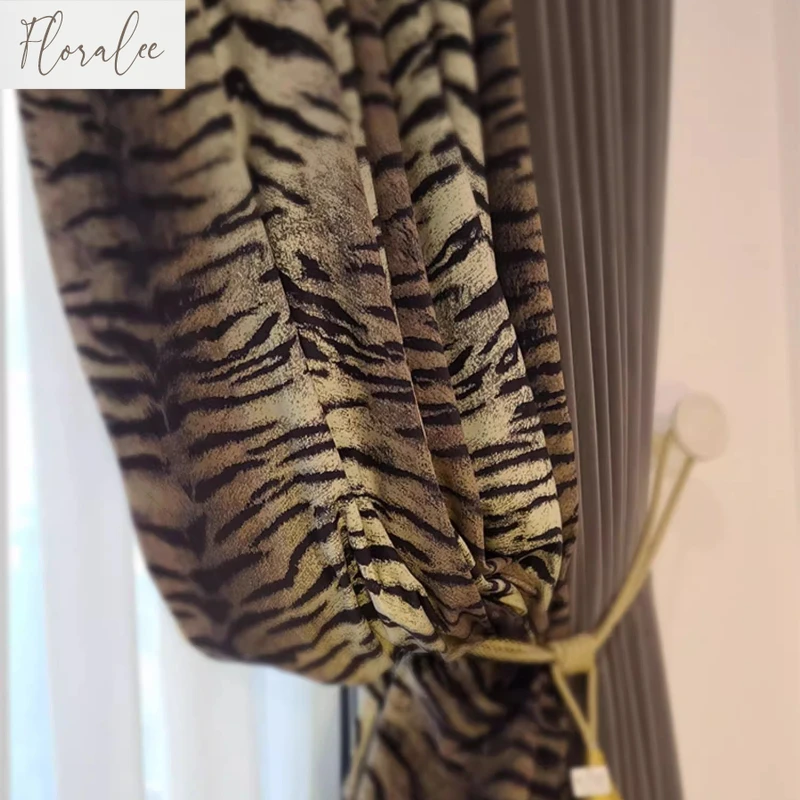 Luxury High-end Curtains for Living Room Velvet Cloth Italian Dark Gray Zebra Pattern Black Velvet Personality Leopard Pattern