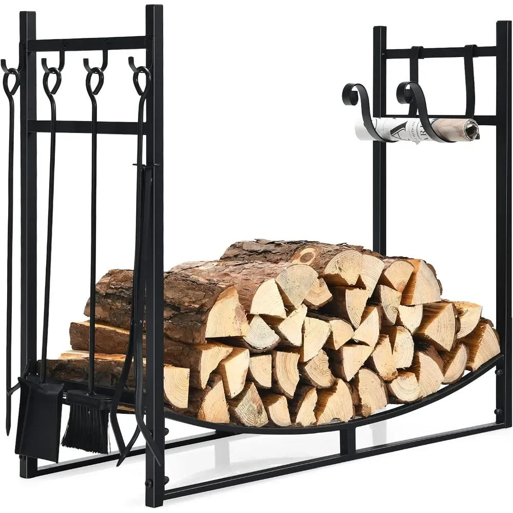 Firewood Rack Indoor, 36” Firewood Holder with 4- Piece Fireplace Tools-Shovel, Poker, Tongs, Brush, Kindling Holders