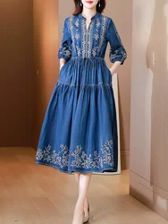 TIYIHAILEY-Women's Vintage Long Mid-Calf Denim Dress, Lantern Half Sleeve, Embroidery Dresses, New, Summer, M-2XL Ladies 2025