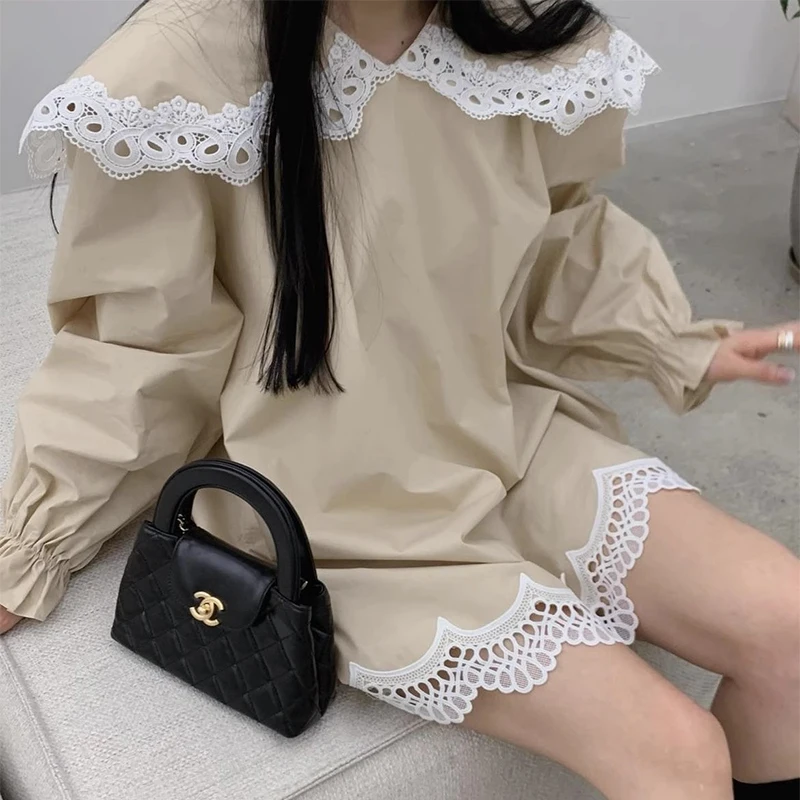 Korea Chic Early Autumn Retro Lapel Loose Blouse 2024 Autumn Leisure Stitching Hollow Jacquard Long-sleeved Dress Skirts Female