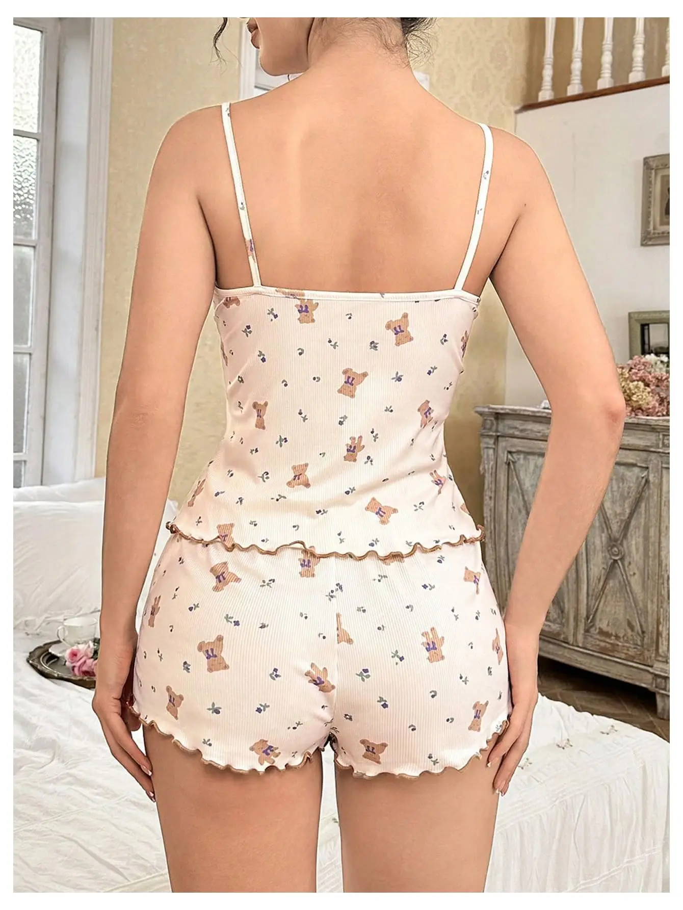 Y2K Cute Teddy Bear Ribbed Pajama Set Womens Cami Top and Shorts Two Piece Loungewear Lace Trim Lettuce Hem Sleepwear Bow New 2