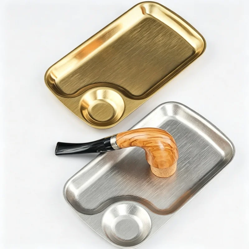 Stainless Steel Tobacco Pipe Ashtray with Cork Knocker Built-in Rest for Pipe Smoking Accessories Ash Tray