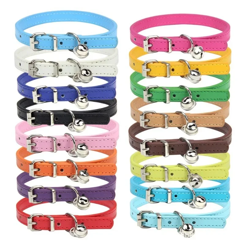 Pet Collar Solid Color Adjustable Dog Cat NeckCollar Candy Color Leather with Bell Fashion DIY Bell Necklace Kitten Accessories