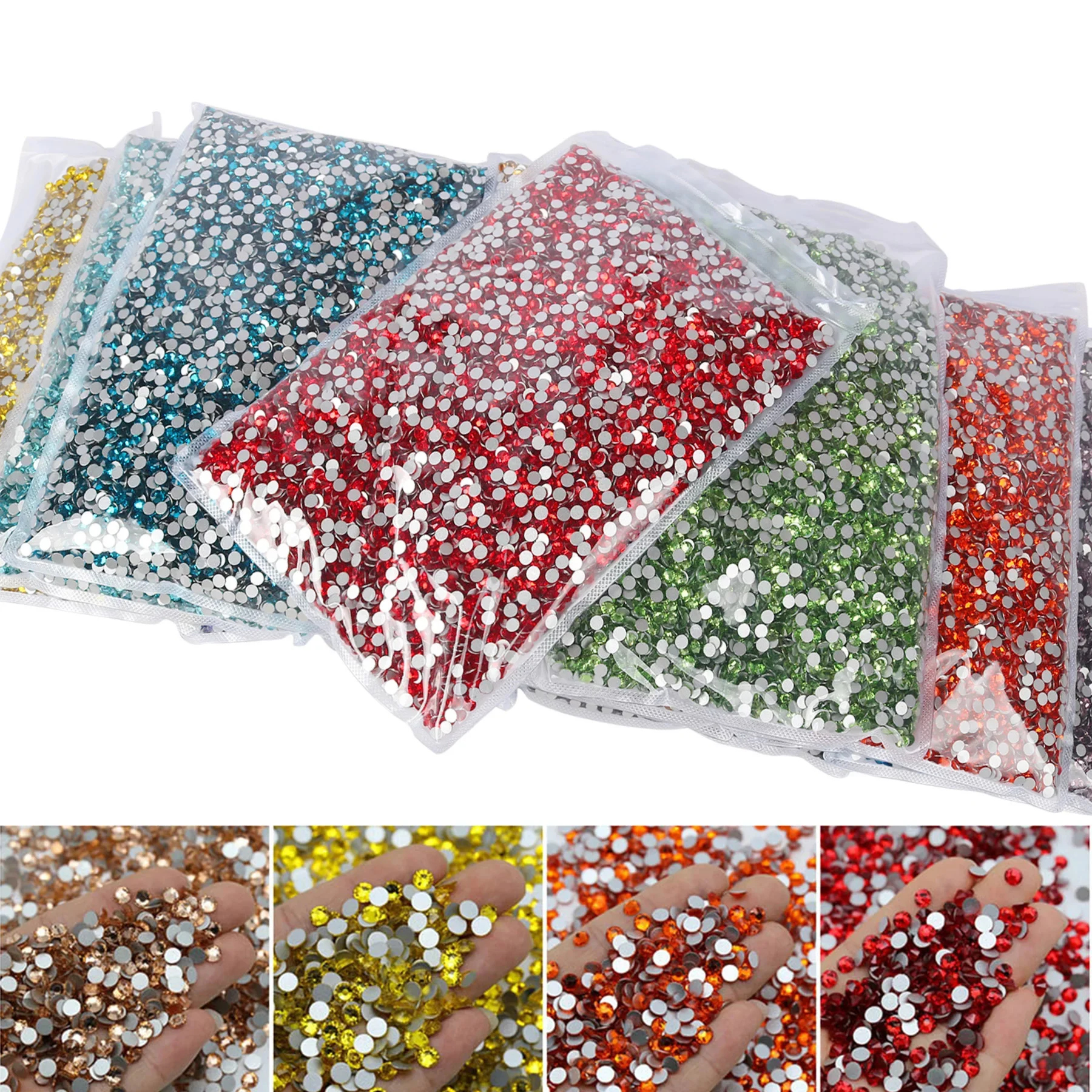 

100G Big Pack Оптовая продажа SS3-SS8 Меньший размер Nail Art Плоская задняя часть Стеклянные стразы Прозрачный кристалл 35 цветов Клей на камнях