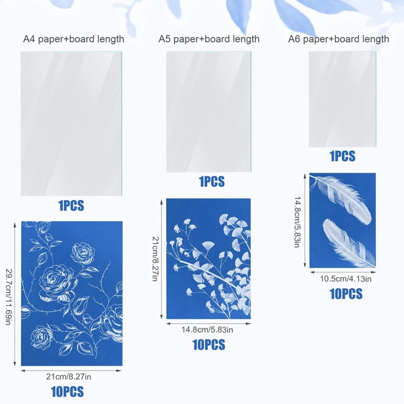 

30 Sheets Sun Print Paper, A4 A5 A6 Cyanotype Paper Kit with 3pcs Acrylic Panel Sensitive Solar Printing & Drawing Paper-A21R