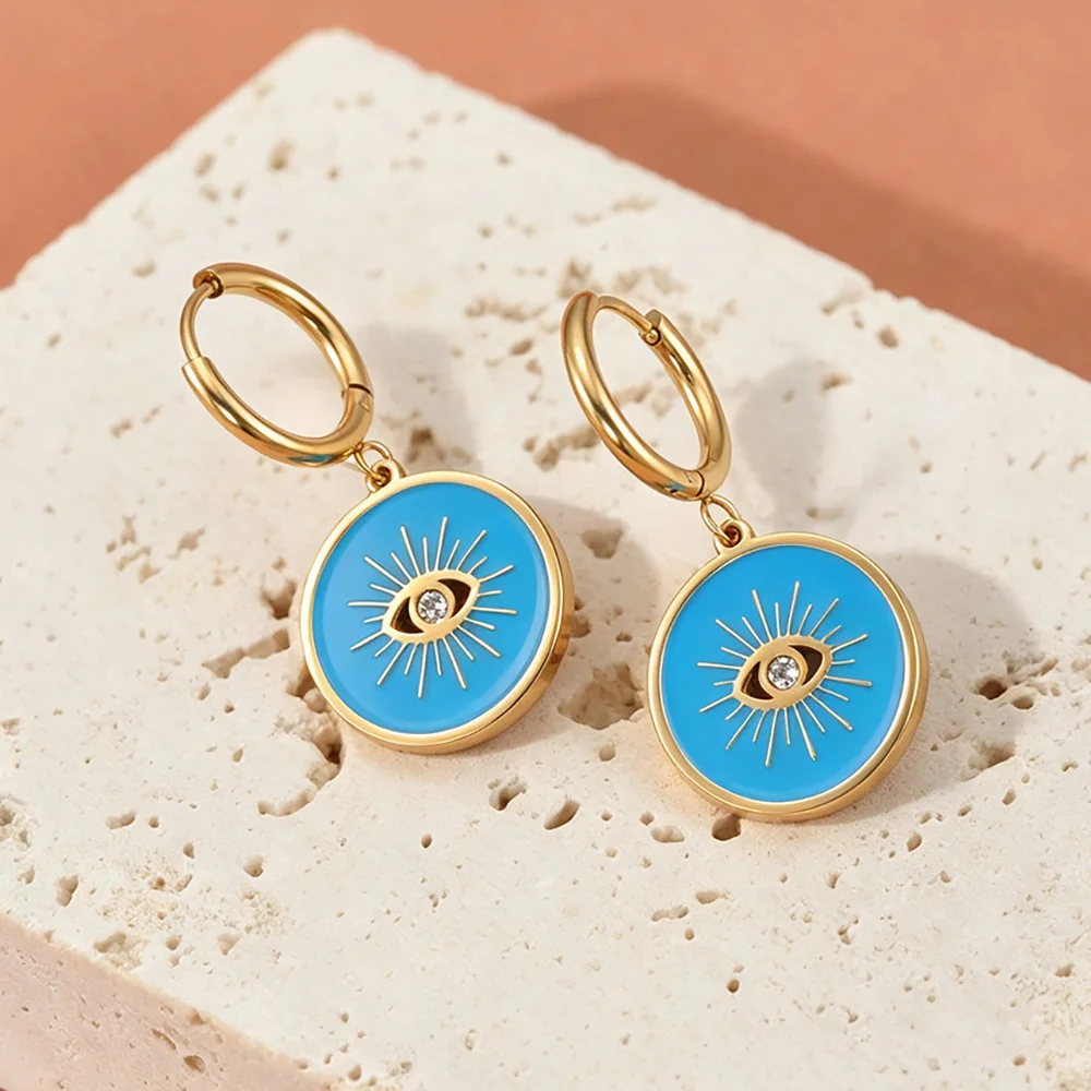 JeeMango Stainless Steel Blue Enamel Evil Eye Pendant Hoop Earrings Women Gold Plated Oil Drop Charm Waterproof Jewelry E26159