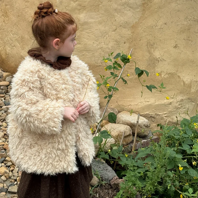 Girls Outerwear 2026 Winter Cotton Wool Imitation Fur Coat Warm and Comfortable Daily Stylish TFashion Wear