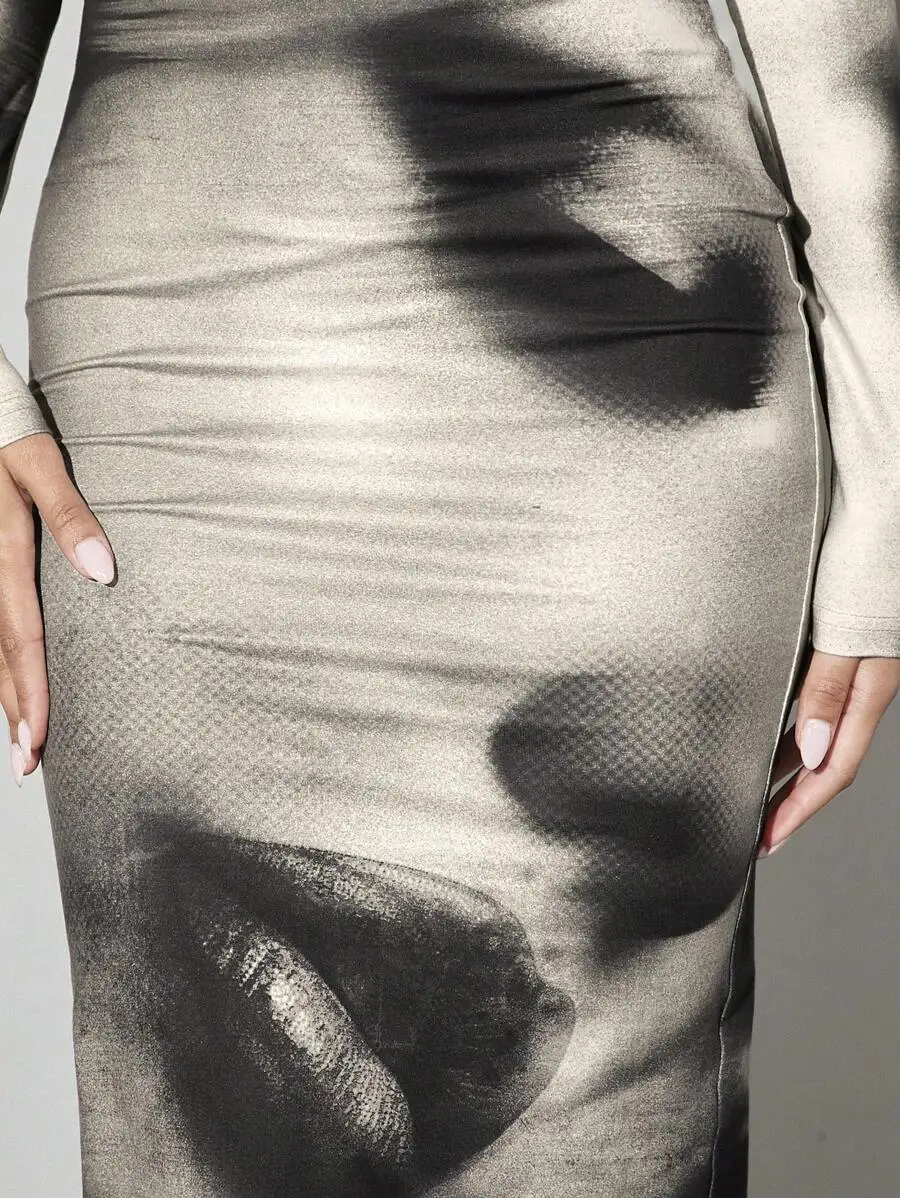 女性用ヴィンテージ風人物ポートレートメッシュプリント長袖ボディコンワンピース（ヒップラップ付き）