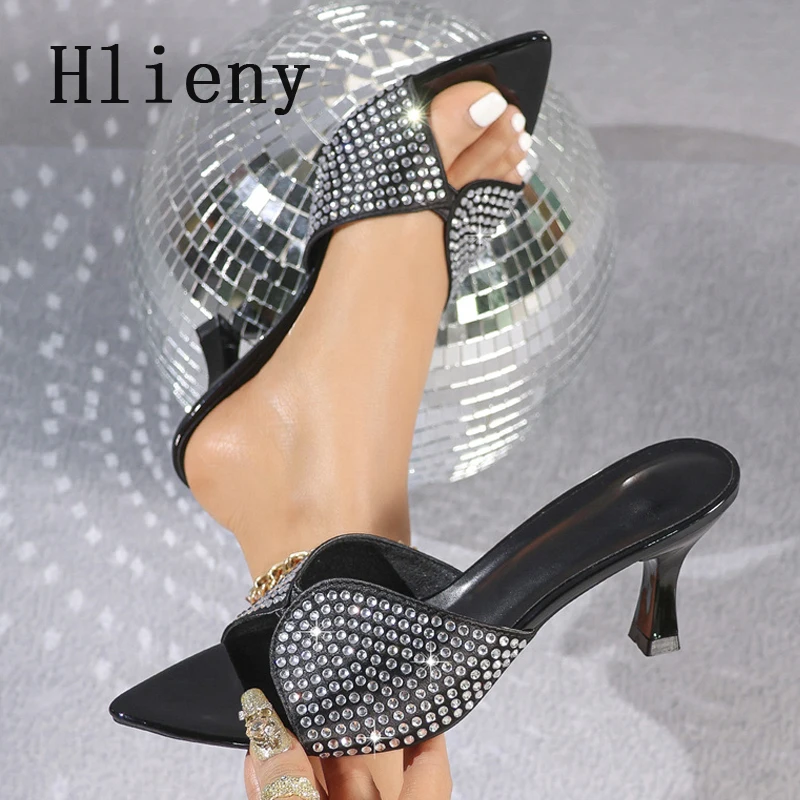

Hlieny Sexy Pointed Toe Slippers Woman Rhinestone Crystals Sandals Thin Low Heels Female Outdoor Casual Mules Slides Shoes