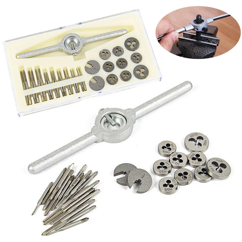 

31pcs Metric Tap And Die Set M1-M2.5 Metric Screw Thread Plug Hand Screw Taps Straight Taper Tapping and Thread Tools Wrench Set