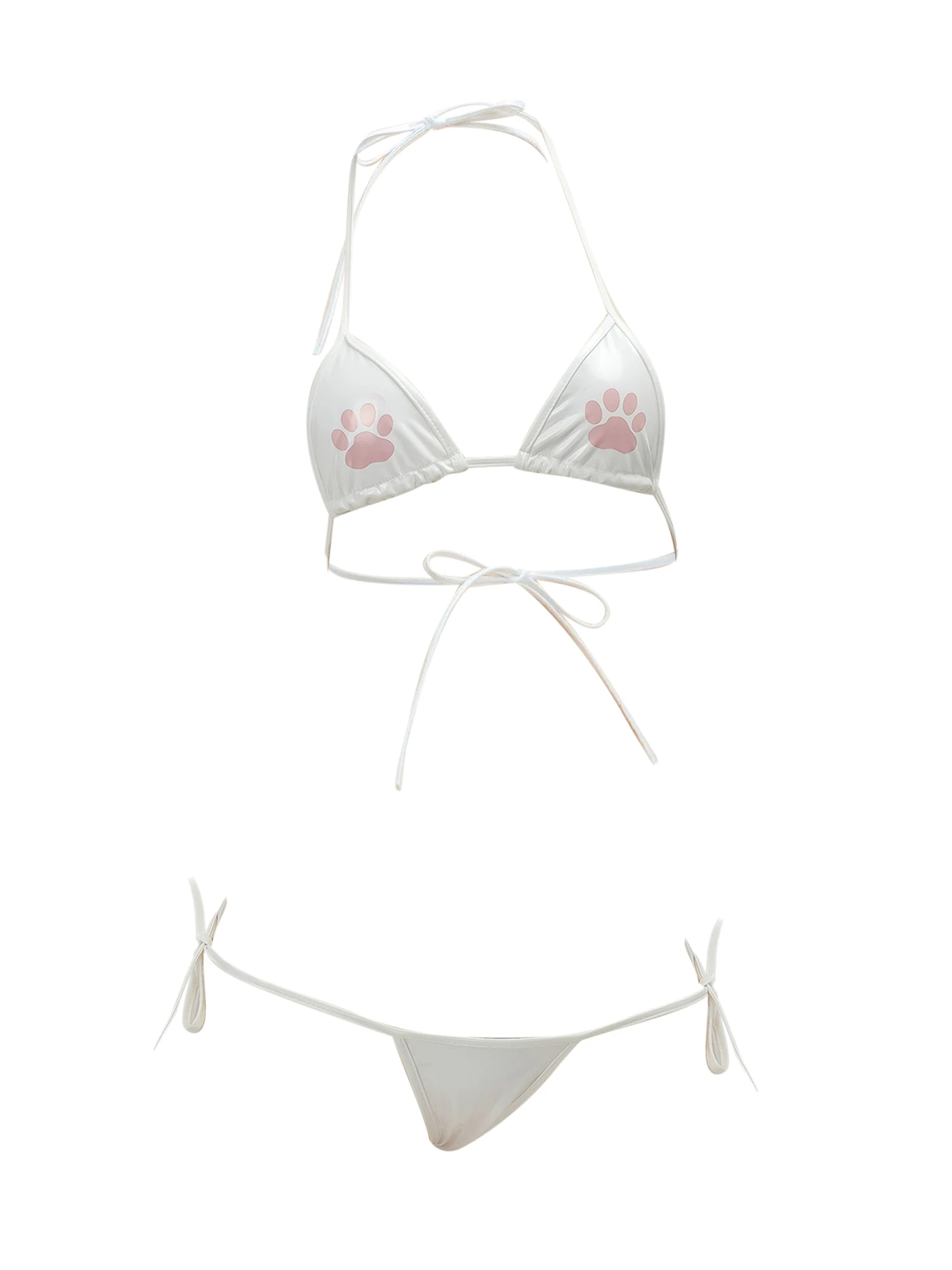 Women PU Leather Bikini Set Swimsuit Triangle Bra with Low Rise Side Tie Thong Briefs for Lingerie Nightwear Pool Beachwear