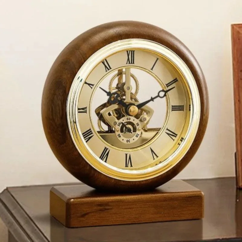Vintage Table Clocks Solid Wood Desk Clock Metal Silent Movement Desktop Clocks Elegant Household Bedroom Decorate Tables Clock