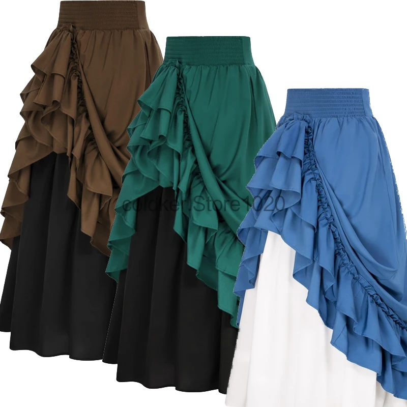 

Women Medieval Retro Dual Layer Skirt Renaissance Elastic High Waist Ruffle Irregular Large Swing Skirts Halloween Party Costume