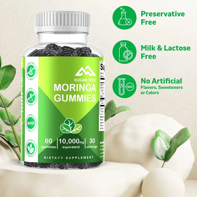 Vitamin sugar free Moringa gummies -10000 milligrams per serving - complete green superfood with 60 pectin gummies