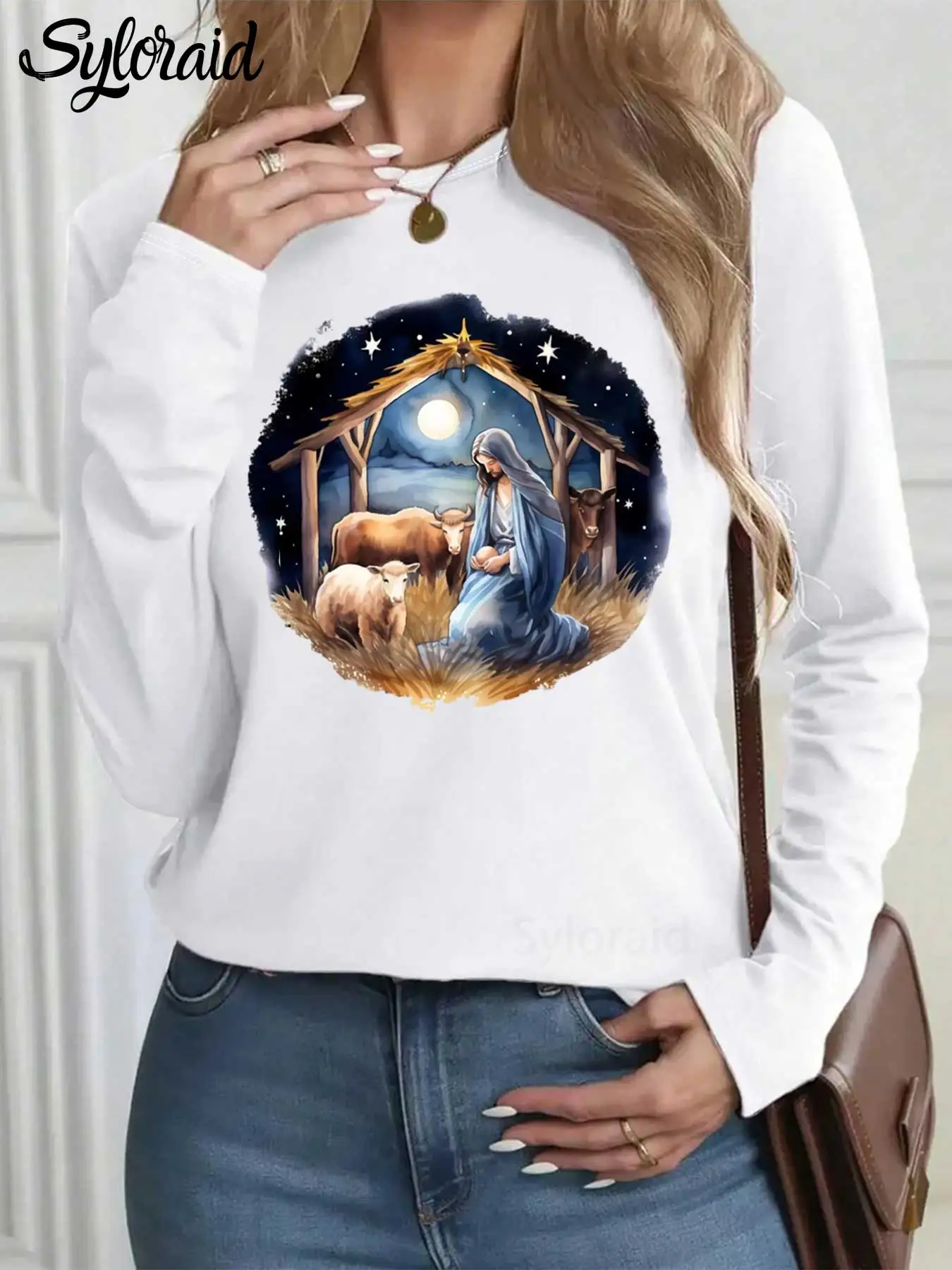 

Women's Long Sleeve T Shirt Christian Jesus Nativity Print T Shirt Fashion Round Neck Casual Top