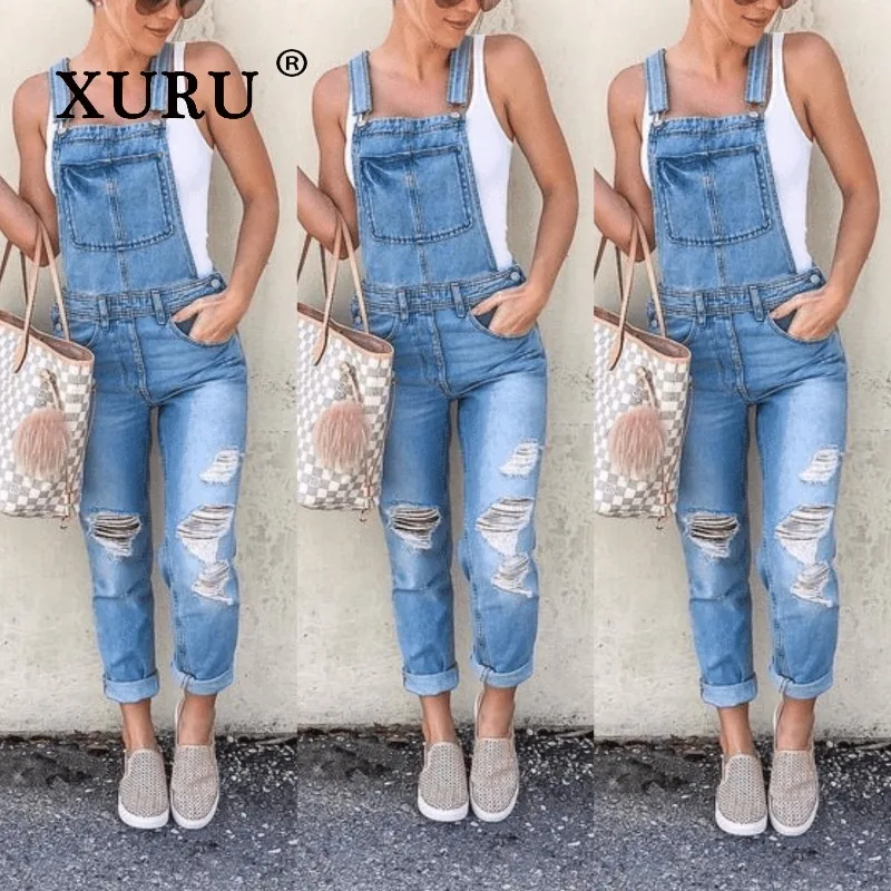 XURU-Women's Light Blue Jumpsuit, Suspenders Jeans, Double Shoulder Straps, Broken Jeans, New, K34-888