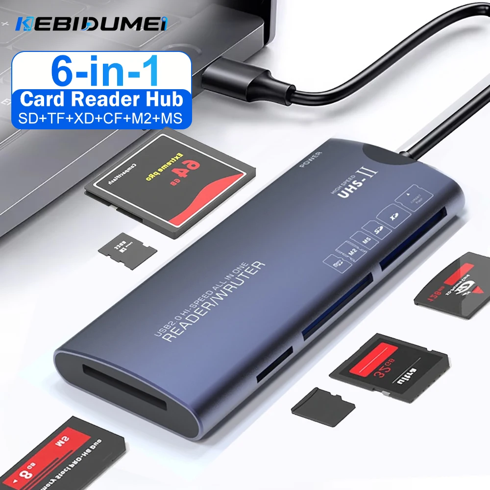 KEBIDUMEI 6-Port-Kartenleser Multifunktionaler Typ-C zu SD/TF/XD/CF/M2 Hub-Leser Speicherkartenleser für Kamera Laptop Zubehör