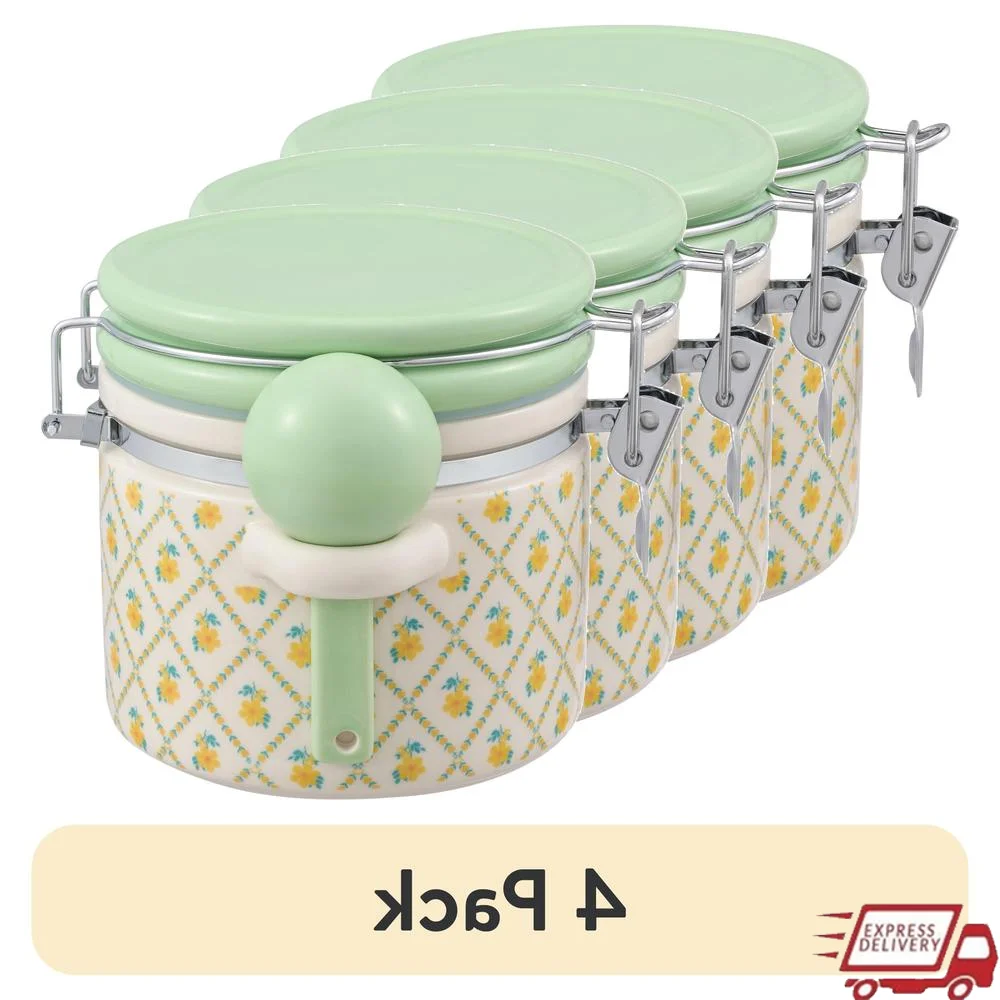 

4 упаковки керамогранита, средние канистры с крышкой, керамическая ложка с цветочным принтом, кухонный герметичный набор канистр для хранения, домашний декор