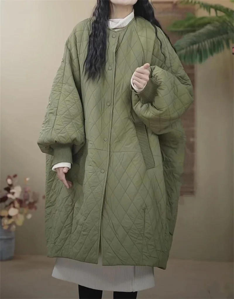 Oversized Diamond Plaid Down Cotton Jacket 2025 European Women Coat Long Lightweight Cotton Jacket Winter Parka New Coat Female