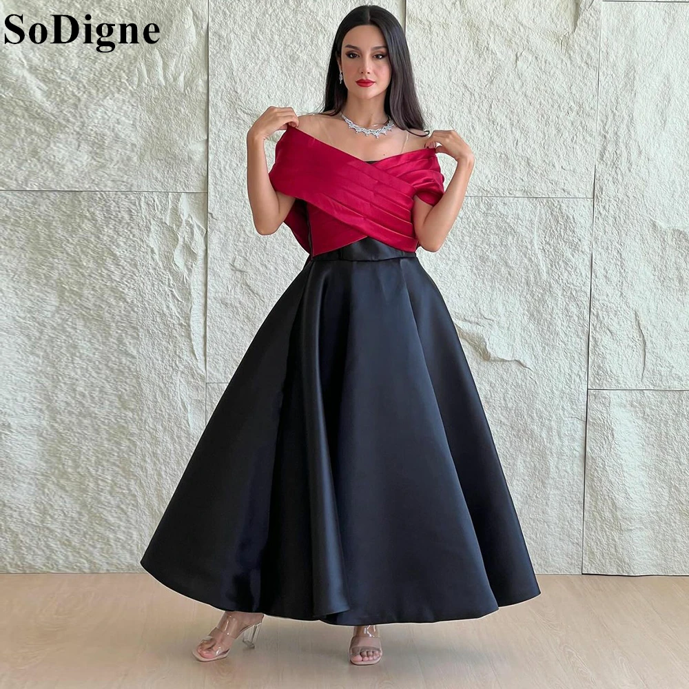 

SoDigne Elegant Black and Red A-Line Evening Dresses Off Shoulder Ankle Length Pleated Party Dress Formal Prom Gowns Customized