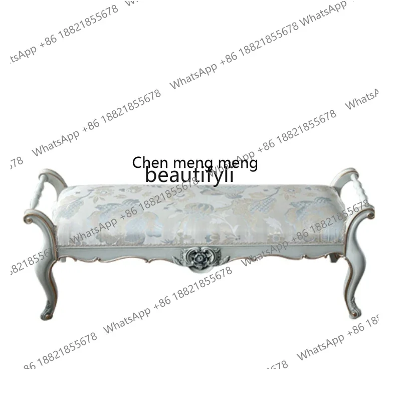 

new style French Furniture European-Style Carved Bed End Stool Mercerized Fabric Bed Bed Bedroom Solid Wood Shoe Changing Stool