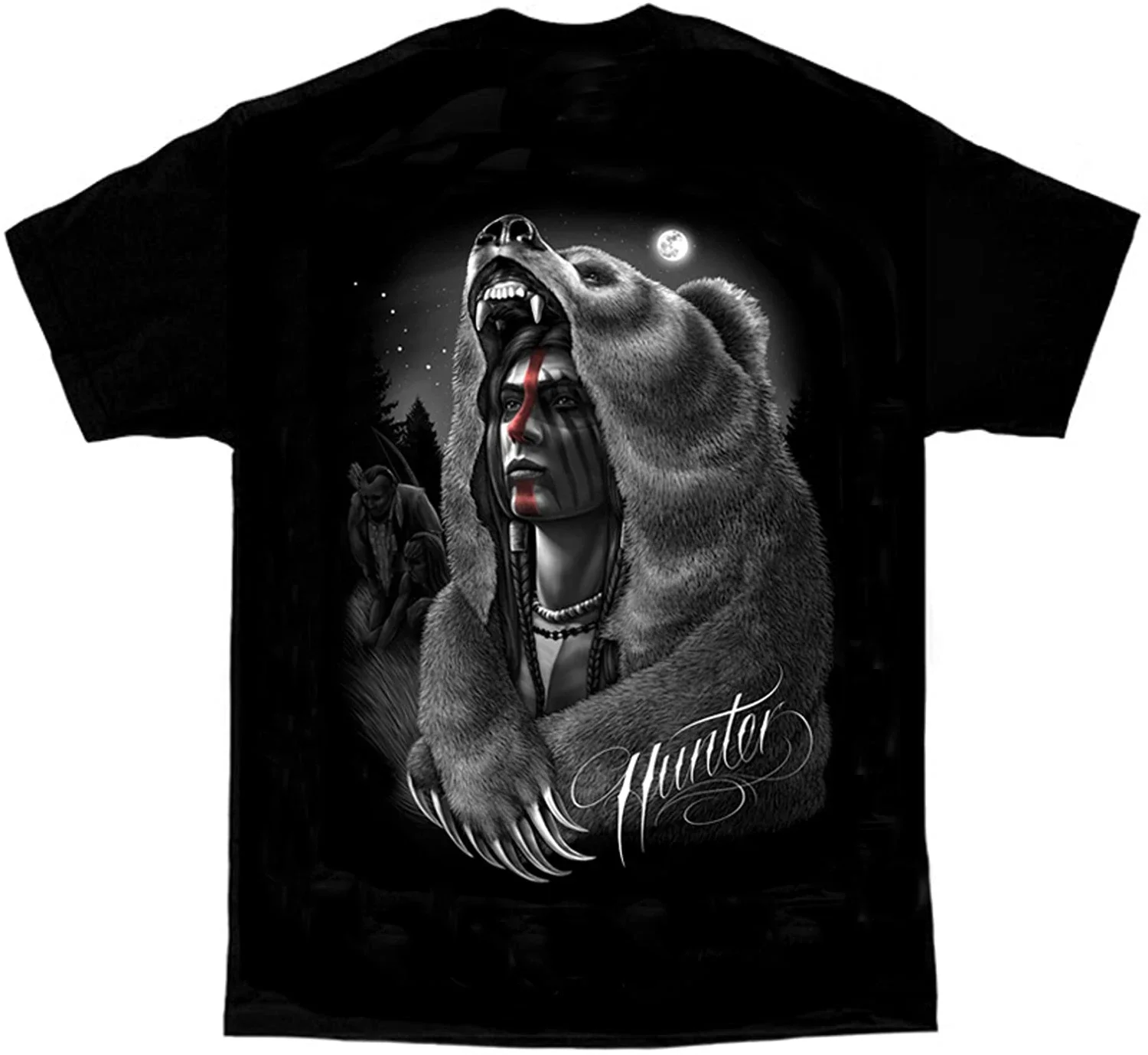 

100% Cotton O-Neck Summer Short Sleeve Casual Mens T-shirt Native Hunter Moon Bear America Indian Art T-Shirt Size S-5XL style.