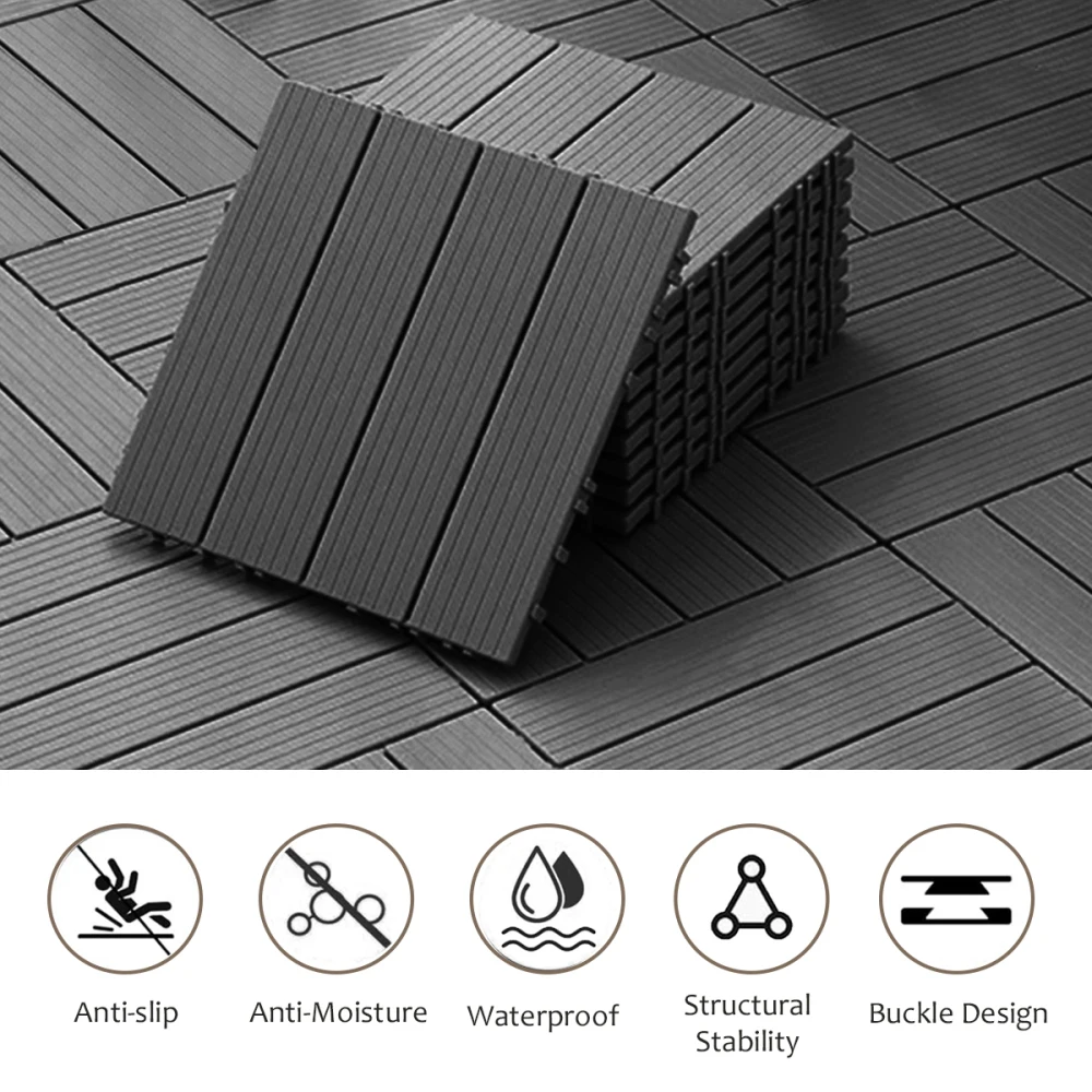 Plastic Composite Deck Tiles Set of 35pcs, Composite Decking Resist Rust Ideal for Patios, Balconies, Rooftops 12x12in Dark Grey