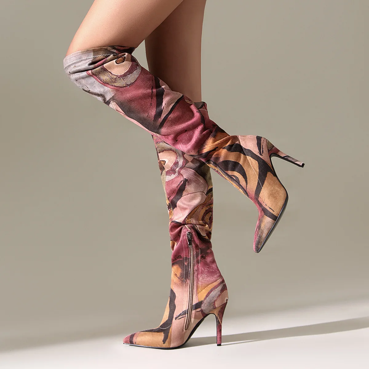 

New Fall and Winter Women's Artistic Multicolor Print Over The Knee Boots Pointed Toe Stiletto High Heel Fashion Stretch Boots