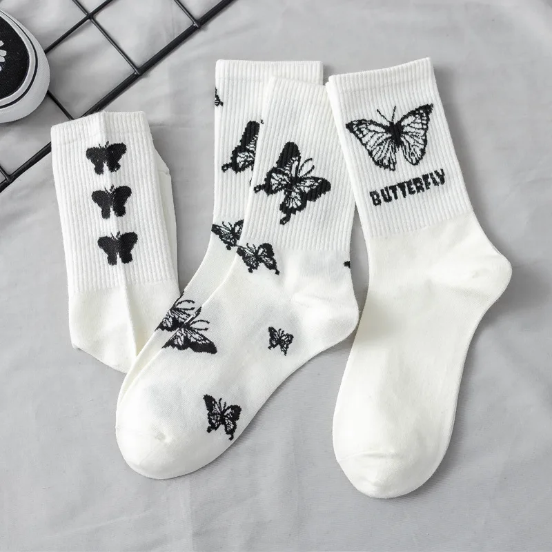 3 Pairs Butterfly Women\'s Socks Mid Tube Sockken Spring Autumn Street Trend Sports Black White Stacked Socks for Girls