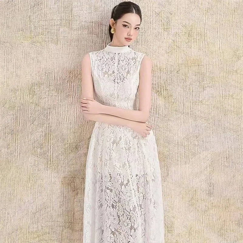 Neues weißes Spitzen-Maxikleid mit Rundhalsausschnitt, ärmellos, schmale Passform, modisch, trendig, elegant, lässig, Partykleidung