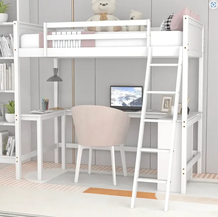 Twin Loft Bed with Built-in-Desk and Storage Side Cabinet Children Wooden Bunk Bed Kids Bunk Bed