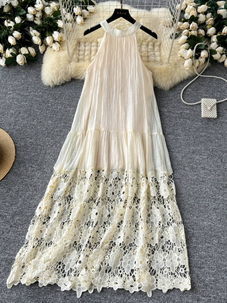 

Women Oversized Long Dress Summer Elegant Sleeveless Hanging Neck Hollow Hook Lace Patchwork A-line Beach Dresses Vintage Robe