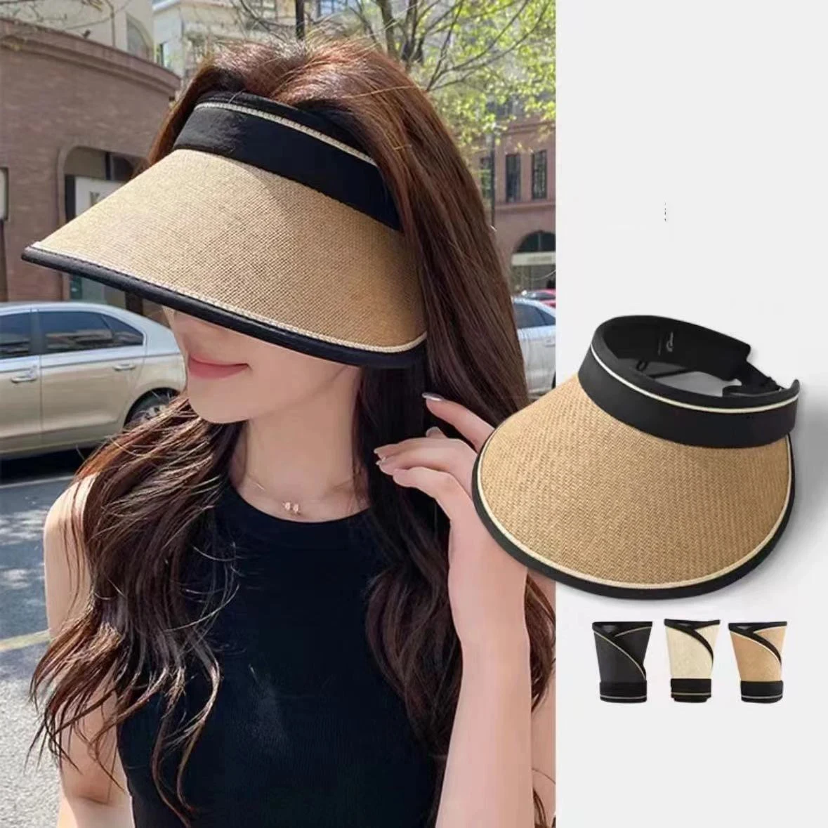 Summer Straw Hat for Women Foldable Empty Top Sun Hat Outdoor Beach Anti-UV Protection Wide Brim Female Sunscreen Visor Cap 골프모자