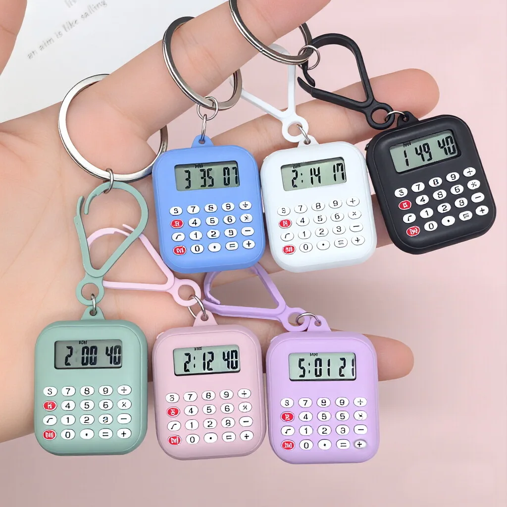 Kids Mini Calculator Keychain with Timer Small Electronic Digital Watch Students Backpack Keyring Pendant Children’s Stationery