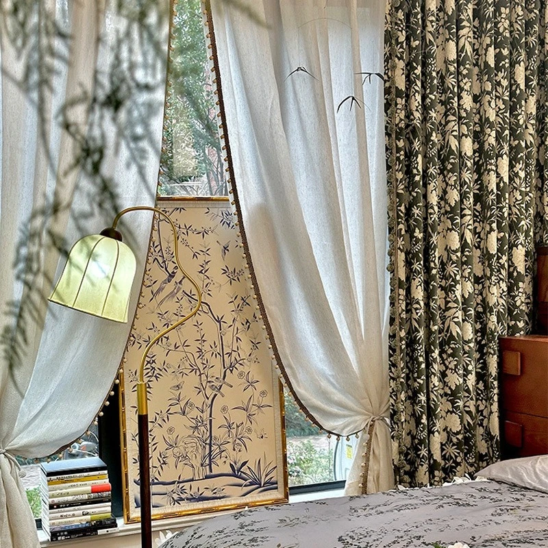 American Antique Style Curtains, French Retro Green Chenille Bay Windows, High Shading Curtain for Living Room and Bedroom