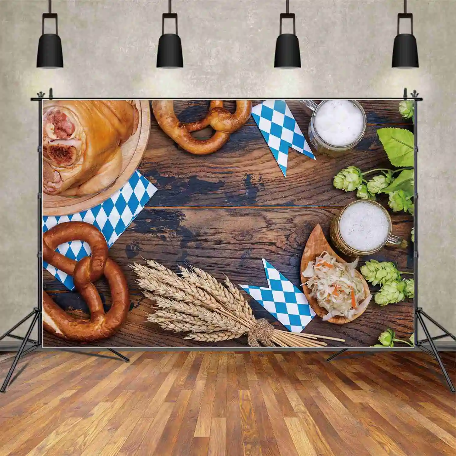 MOON.QG Backdrops Oktoberfest Beer Festival Decorations Photo Backgrounds Bagel Glass Check Cloth Wooden Board Wall Party Props