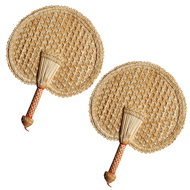 2X Hand-Woven Woven Straw Hand Fan Old Summer Natural Hand Fan Environmentally Friendly Hand-Woven Fan Round Fan