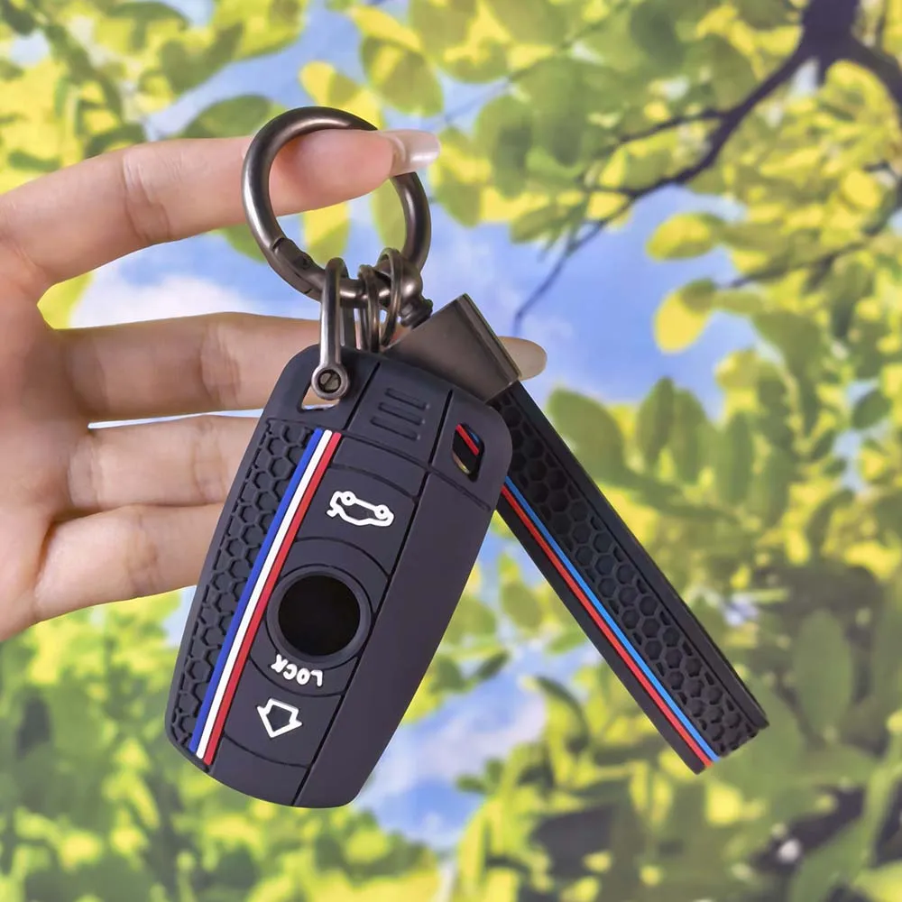 Trend Sport Hex Texture Key Fob Cover With Keychain For BMW E90 E60 E70 E87 3 5 6 Series M3 M5 X1 X5 X6 Z4 Silicone Key Shell