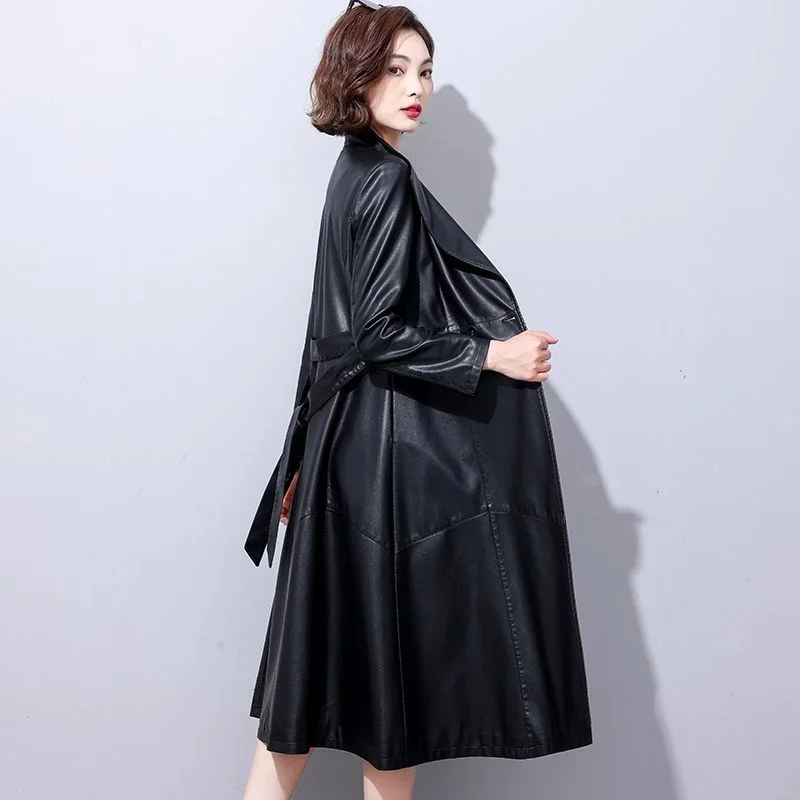 Autumn Winter Long blue Black Soft Sheepskin Leather Trench Coat for Women Belt Skirted Elegant Luxury Fashion M-5xL