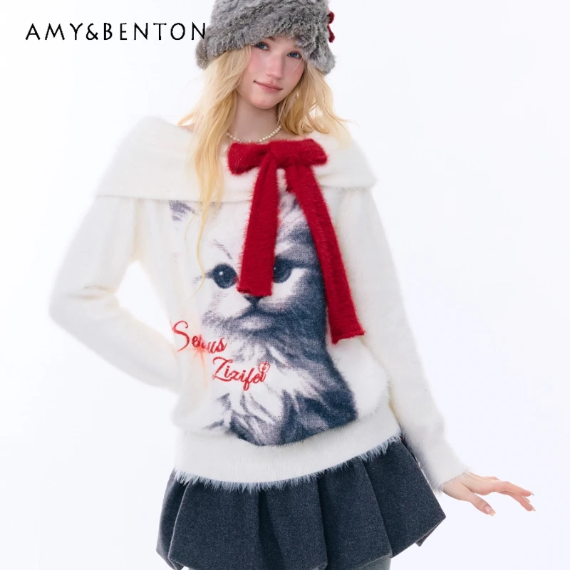 

Autumn Winter New Bow Christmas Women's Clothing French Design Animal Print Navy Collar Off-Shoulder White Pullover Sweater Girl