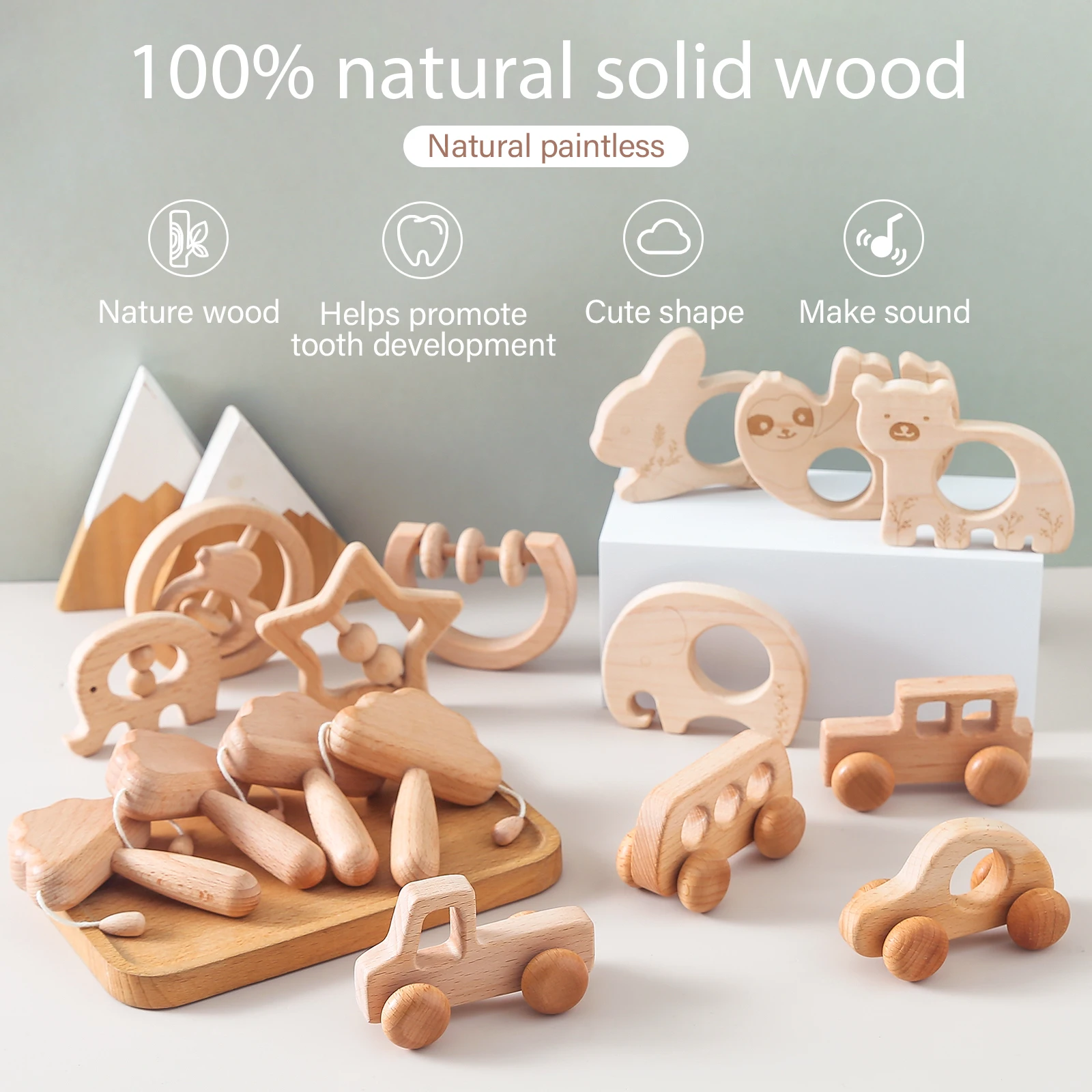 4pcs/set Wooden Rattle Beech Bear Hand Teething Wooden Ring Baby Rattles Play Gym Montessori Stroller Toy Educational Toys