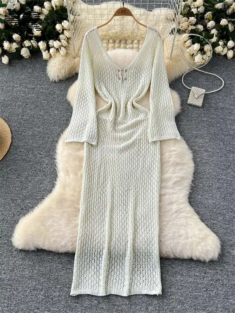 BabYoung مثير منتصف طول الحياكة المرأة الصيف مضيئة كم الخامس الرقبة الجوف خارج السيدات منتظم صالح مزاجه الصلبة اللباس