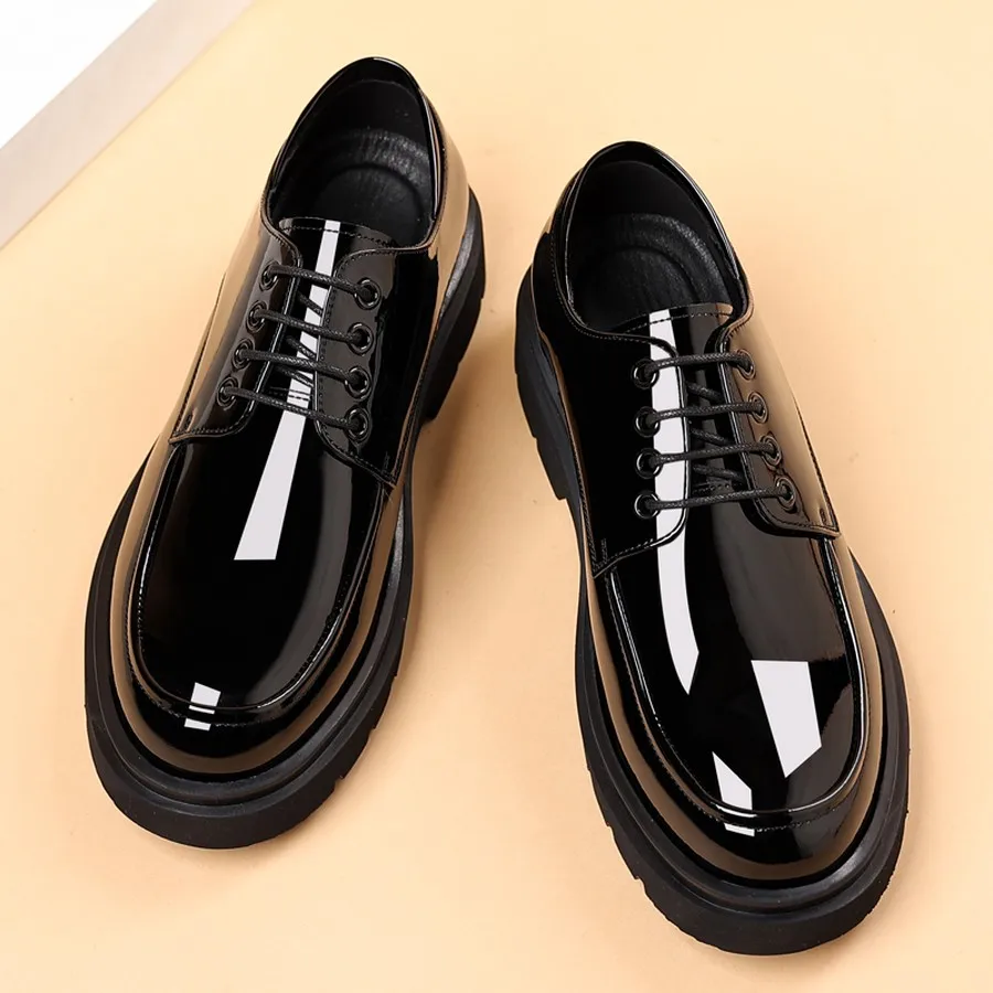 Men's Patent Derby Shoes Thick Sole Lace-Up Dress Shoes Comfortable for Parties and Weddings