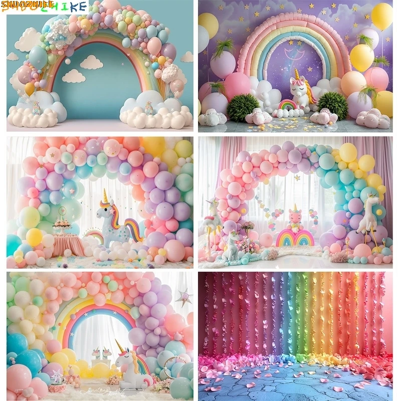 

Castle Fairy Tale Candy Rainbow Balloons Arch Photography Backdrops Props Newborn Birthday Party Decoration Background A-07