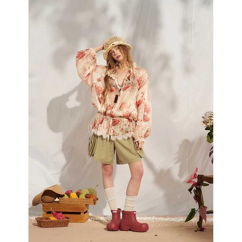 ELFSACK Strawberry Print Lace Trim Hooded Jacket, Gothic Court Ruffle Drawstring Coat, Sweet Casual Vacation Outerwear for Women